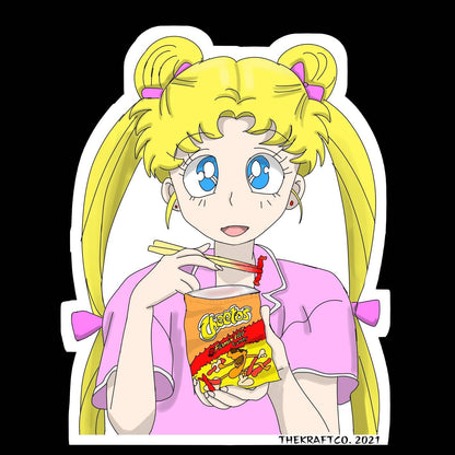 Sailor moon eating hot Cheetos with chopsticks laminated sticker.